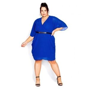 NWT City Chic S/16 Dress Short Draped Faux Wrap Belted Cobalt Blue Elastic Waist